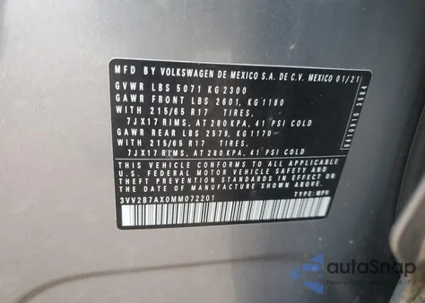 2021 Volkswagen Tiguan Se из США, поврежденный, VIN 3VV2B7AX0MM072201